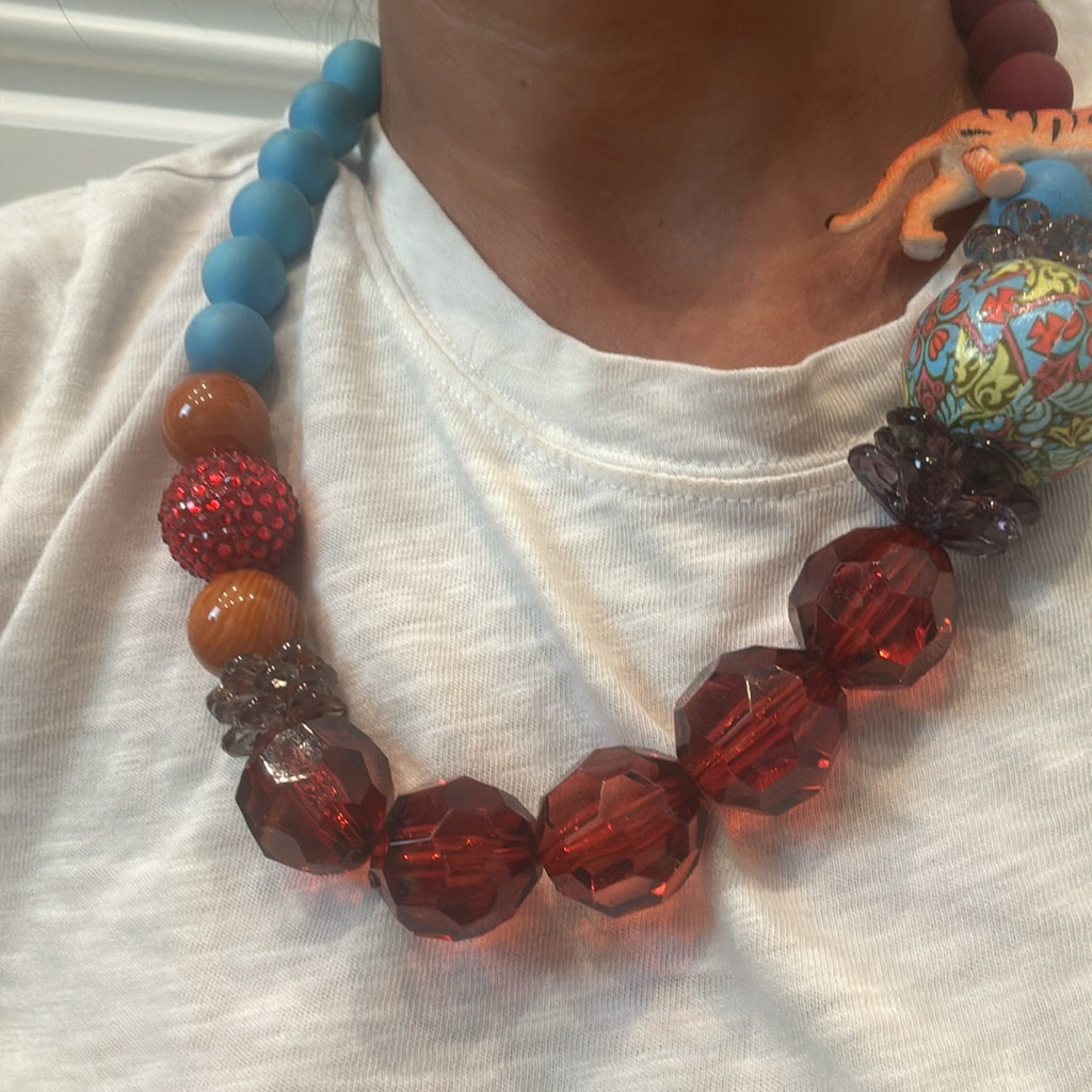 Lenora Dame Animal Necklace Handmade Art Bengal Tiger- Red Pave/Blue Bead